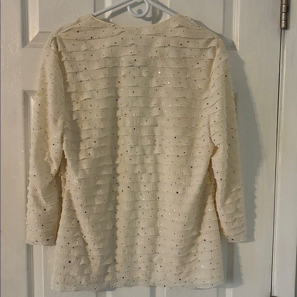 Sequin Textured Cream Open Front Cardigan Lightweight Neutral Layer - Picture 5 of 7